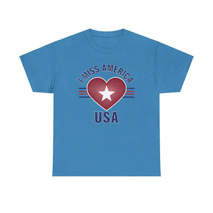 Heather military green unisex cotton T-shirt with "I Miss America" heart graphic, by Ralphie's Funhouse.