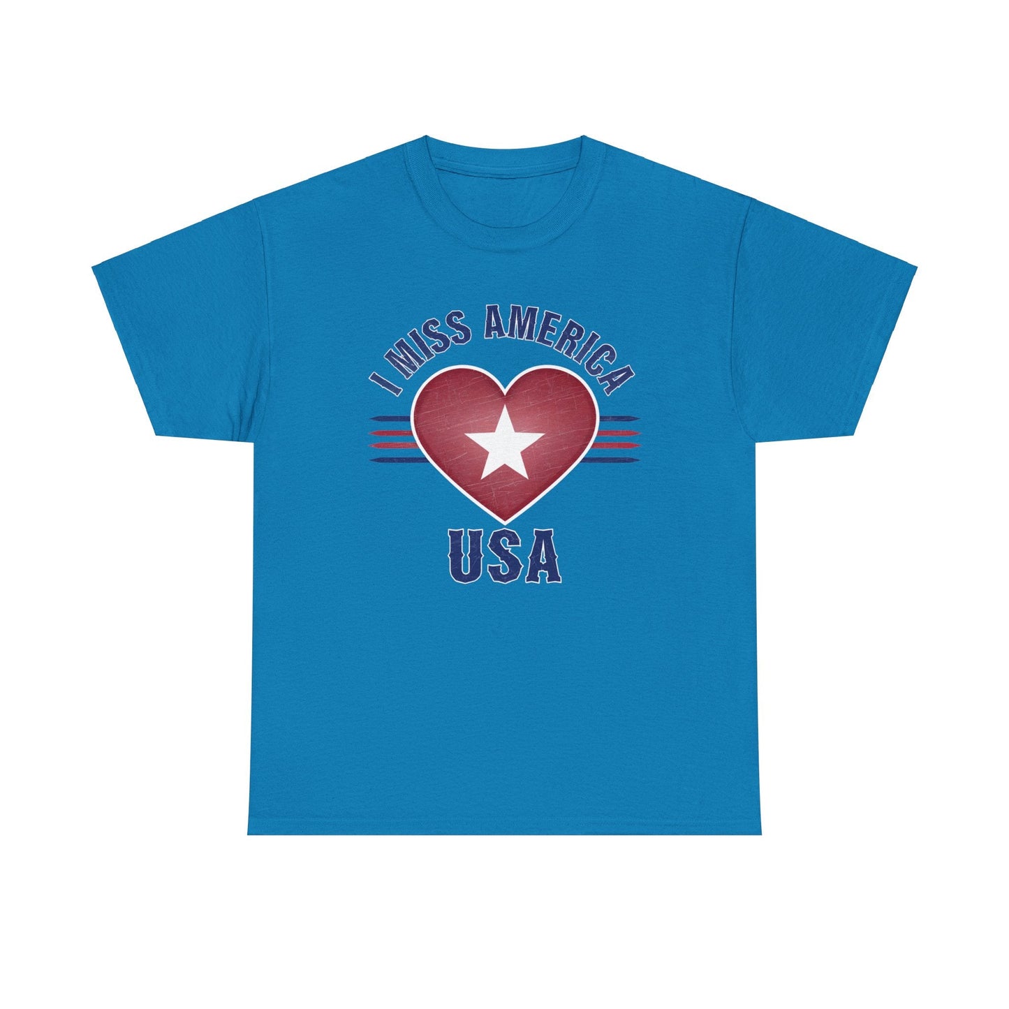 Heather military green "I Miss America" heart unisex heavy cotton T-shirt by Ralphie's Funhouse, displayed flat on a neutral background.