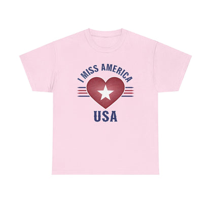 Heather green Ralphie's Funhouse "I Miss America" heart unisex heavy cotton T-shirt, front view.