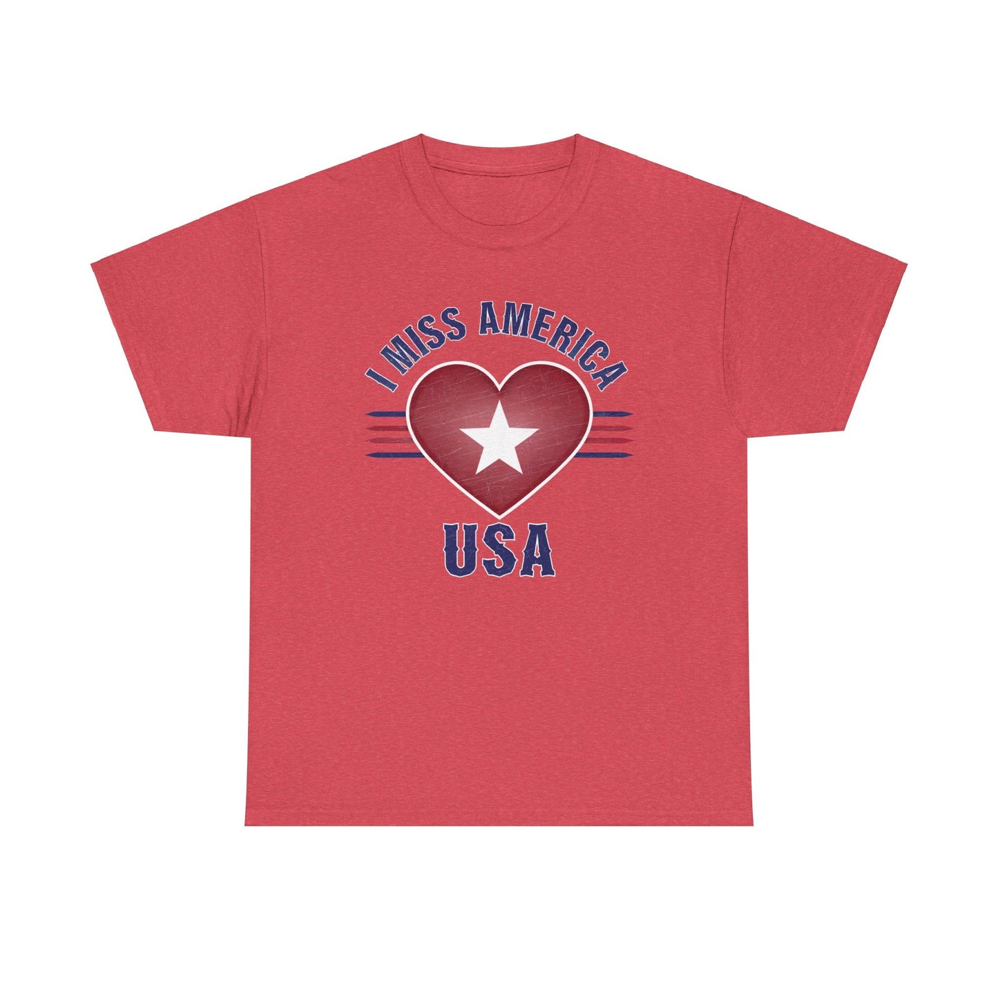 Heather military green unisex heavy cotton T-shirt featuring a heart graphic and "I Miss America" slogan, by Ralphie's Funhouse.