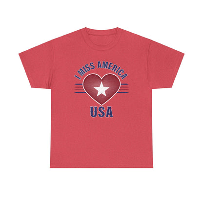 Heather military green unisex heavy cotton T-shirt featuring a heart graphic and "I Miss America" slogan, by Ralphie's Funhouse.