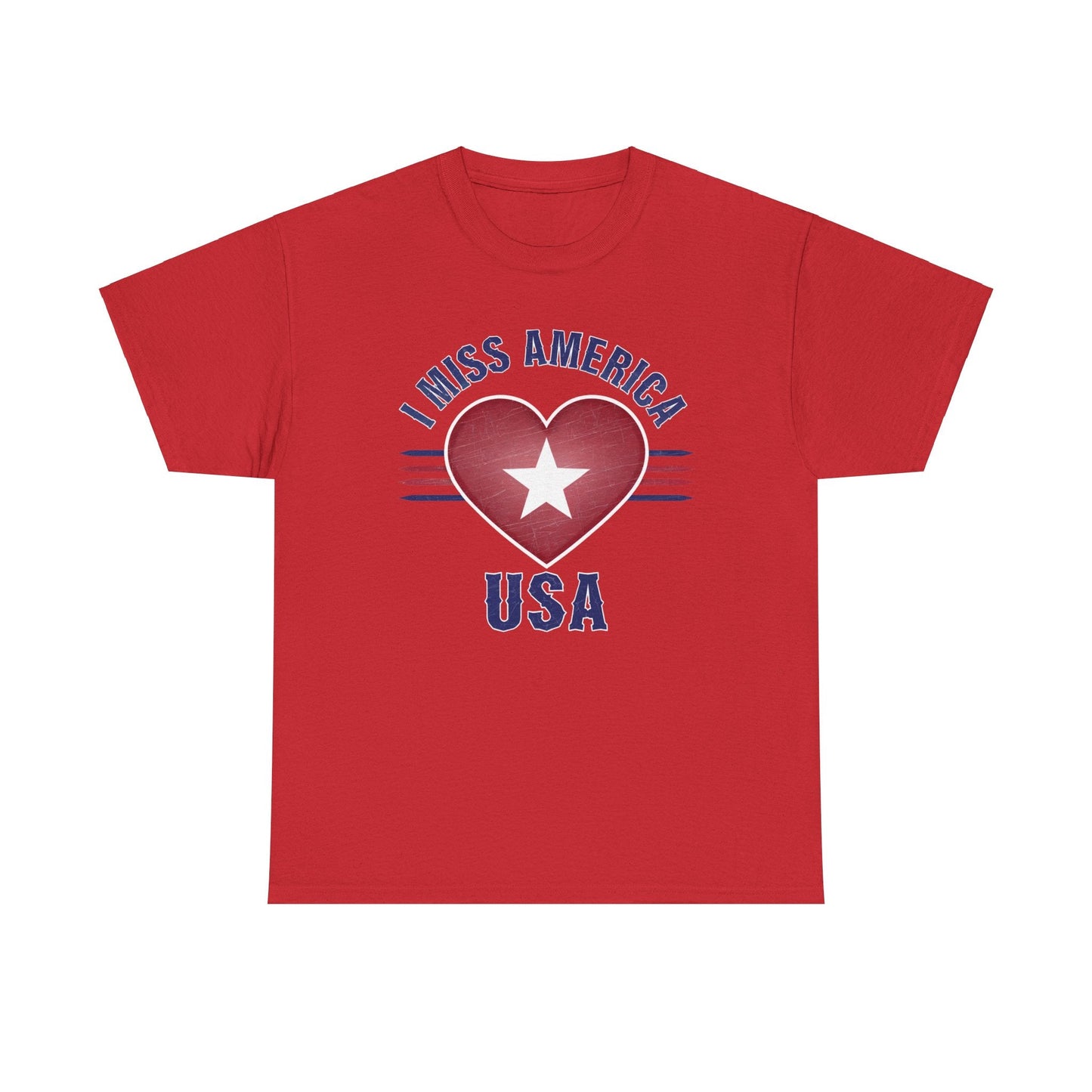 Heather military green "I Miss America" heart unisex heavy cotton T-shirt by Ralphie's Funhouse, front view with graphic design.