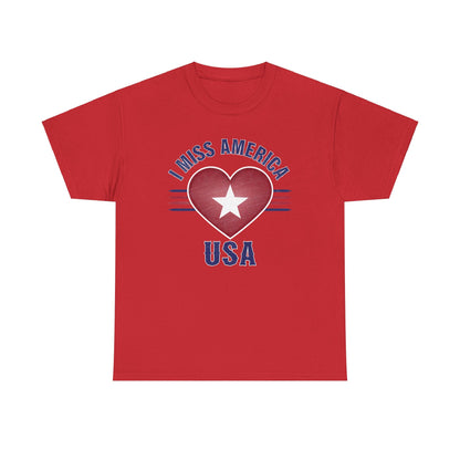 Heather military green "I Miss America" heart unisex heavy cotton T-shirt by Ralphie's Funhouse, front view with graphic design.