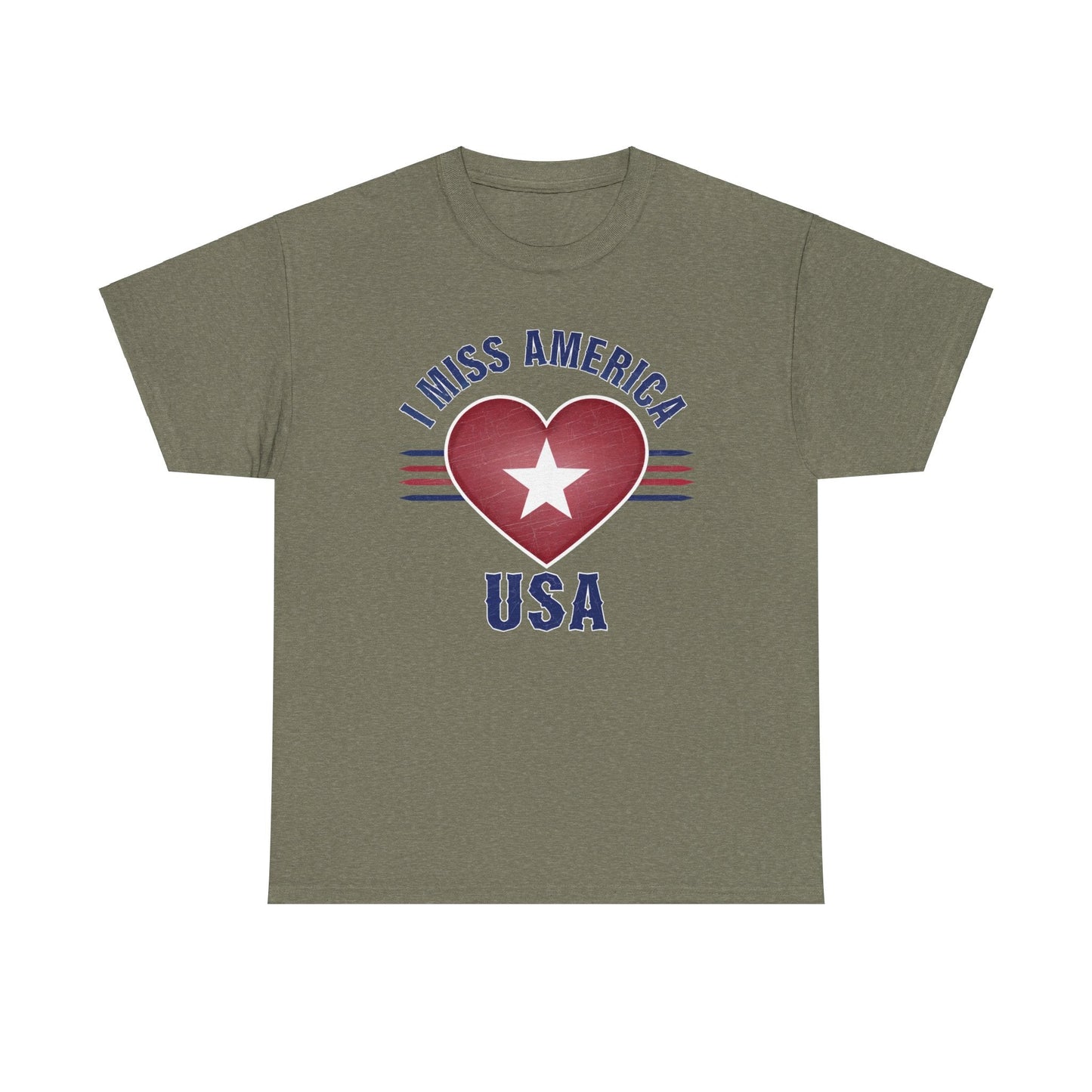 Heather military green "I Miss America" heart unisex heavy cotton T-shirt by Ralphie's Funhouse, displayed flat.