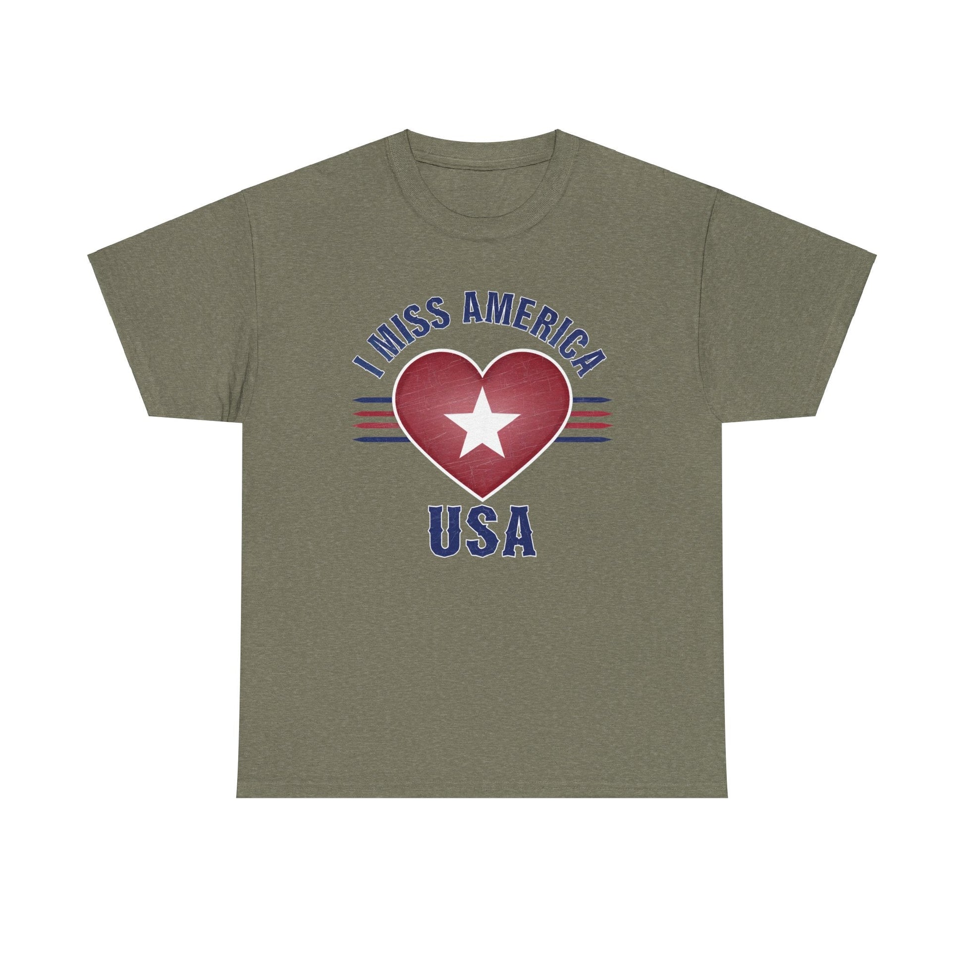 Heather military green "I Miss America" heart unisex heavy cotton T-shirt by Ralphie's Funhouse, displayed flat.