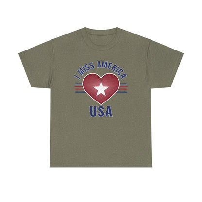 Heather military green "I Miss America" heart unisex heavy cotton T-shirt by Ralphie's Funhouse, displayed flat.