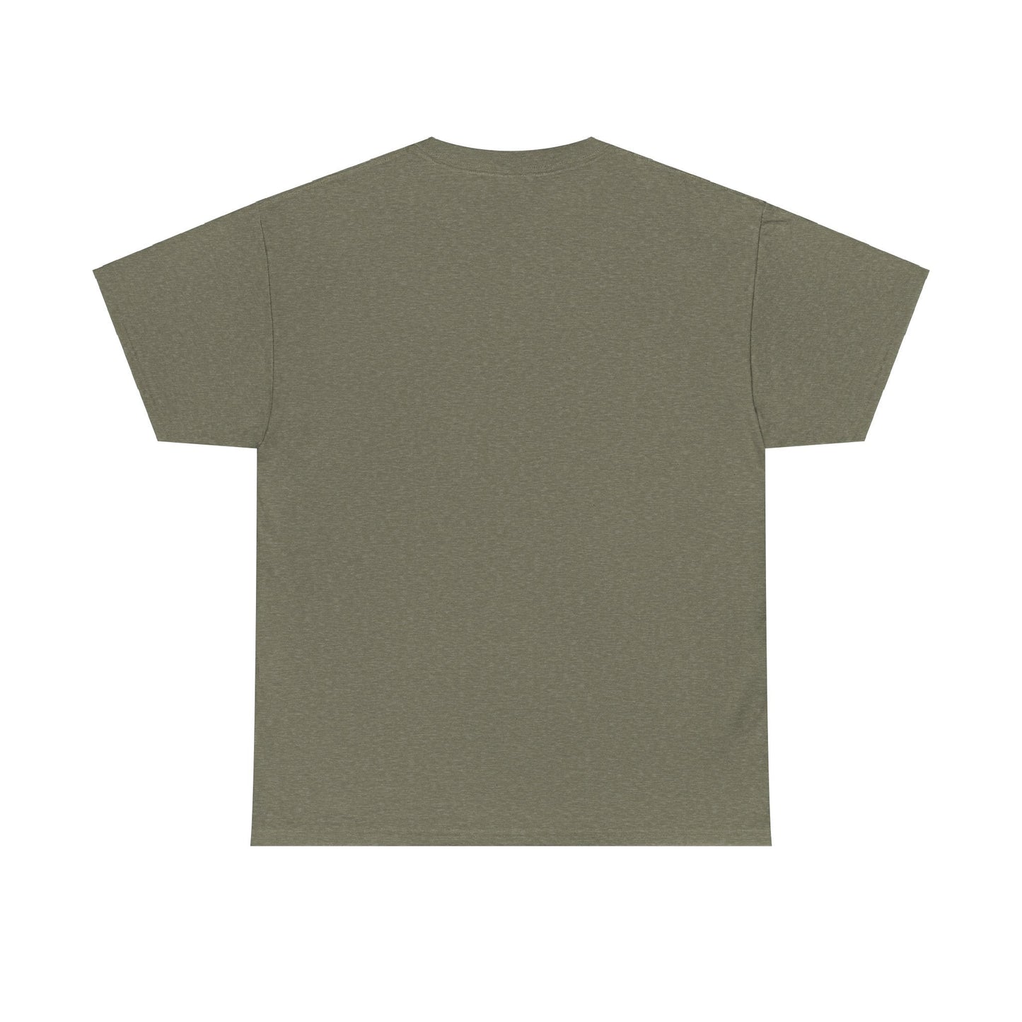 Unisex heavy cotton T-shirt in Heather Military Green with "I Miss America" heart graphic, by Ralphie's Funhouse.