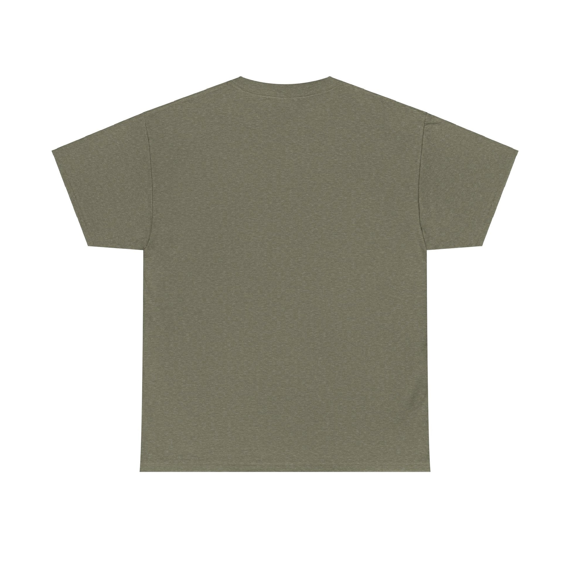 Unisex heavy cotton T-shirt in Heather Military Green with "I Miss America" heart graphic, by Ralphie's Funhouse.