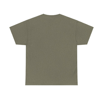 Unisex heavy cotton T-shirt in Heather Military Green with "I Miss America" heart graphic, by Ralphie's Funhouse.