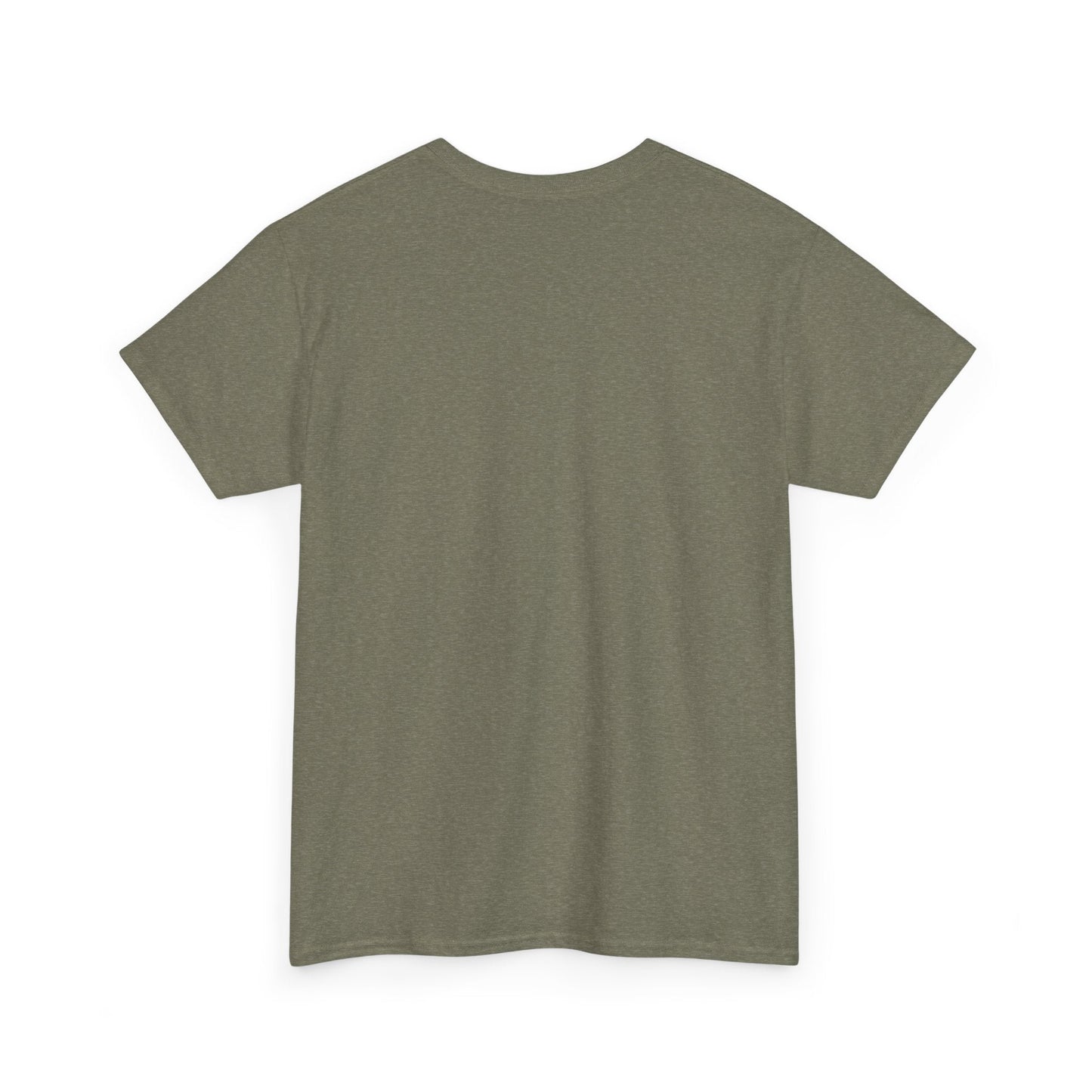 Heather military green "I Miss America" heart unisex heavy cotton T-shirt by Ralphie's Funhouse showing front design and fit.