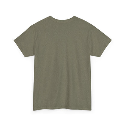 Heather military green "I Miss America" heart unisex heavy cotton T-shirt by Ralphie's Funhouse showing front design and fit.