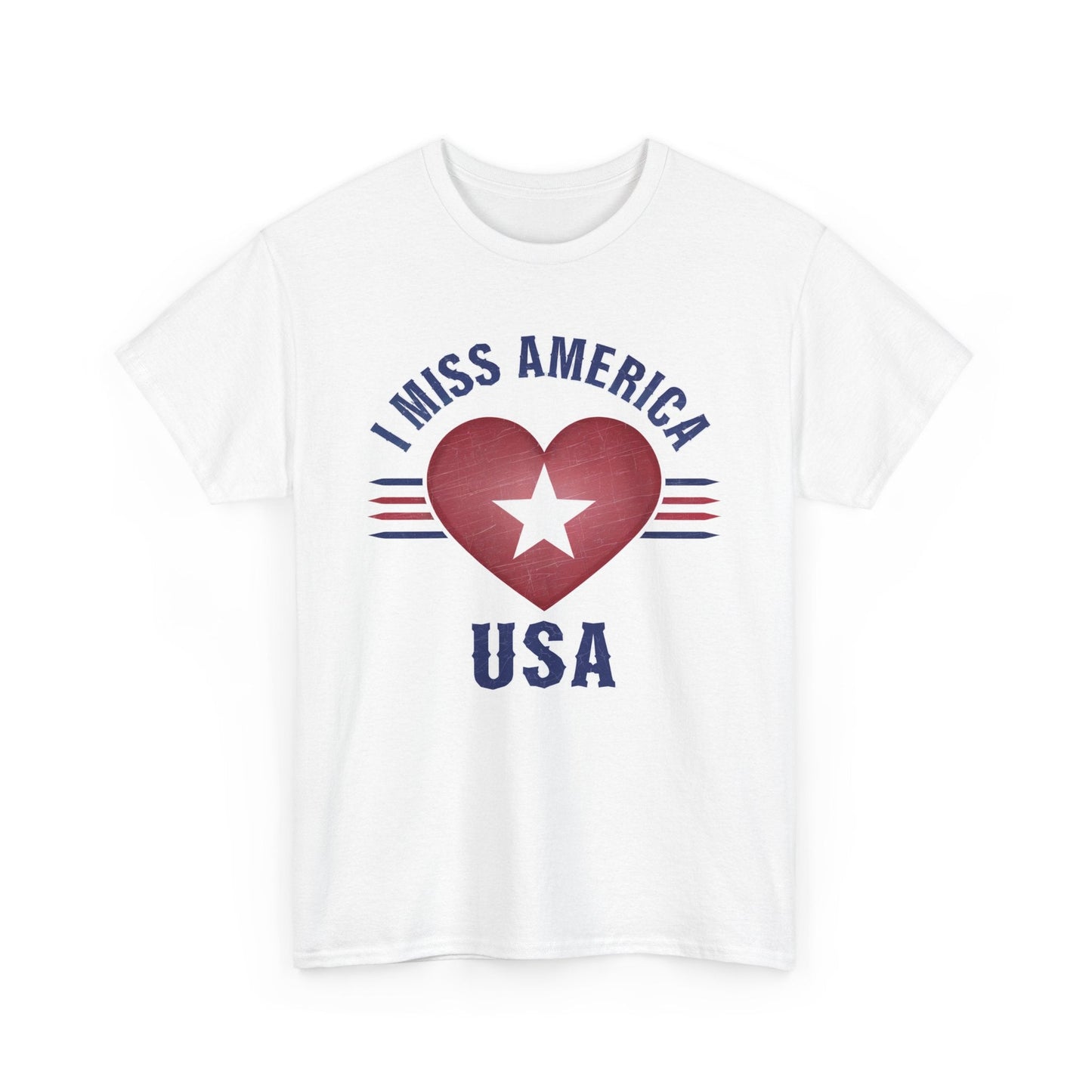 Heather military green "I Miss America" heart unisex heavy cotton T-shirt by Ralphie's Funhouse, displayed flat.