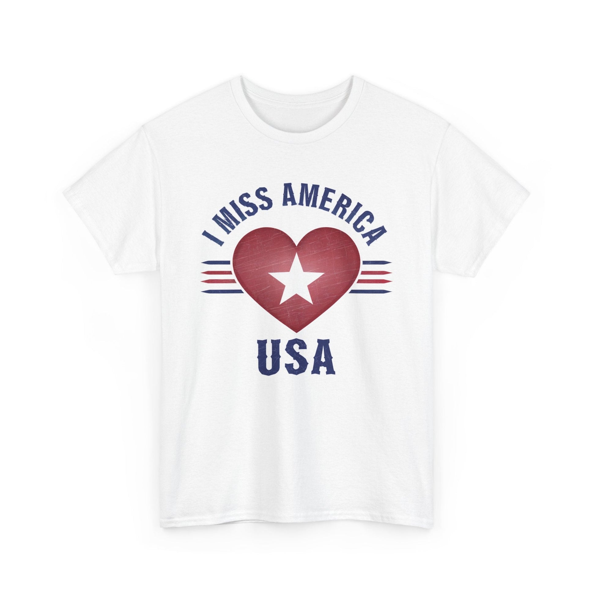 Heather military green "I Miss America" heart unisex heavy cotton T-shirt by Ralphie's Funhouse, displayed flat.