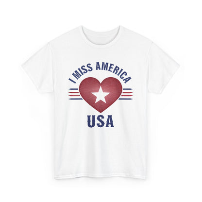 Heather military green "I Miss America" heart unisex heavy cotton T-shirt by Ralphie's Funhouse, displayed flat.