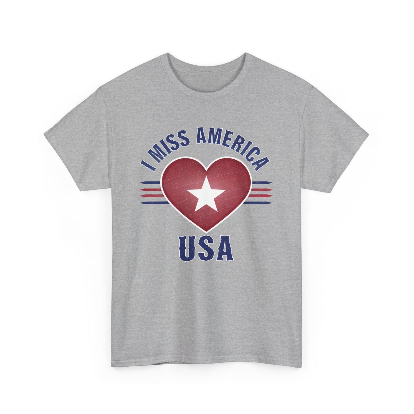 Heather military green "I Miss America" heart unisex heavy cotton T-shirt by Ralphie's Funhouse, front view showing design details.