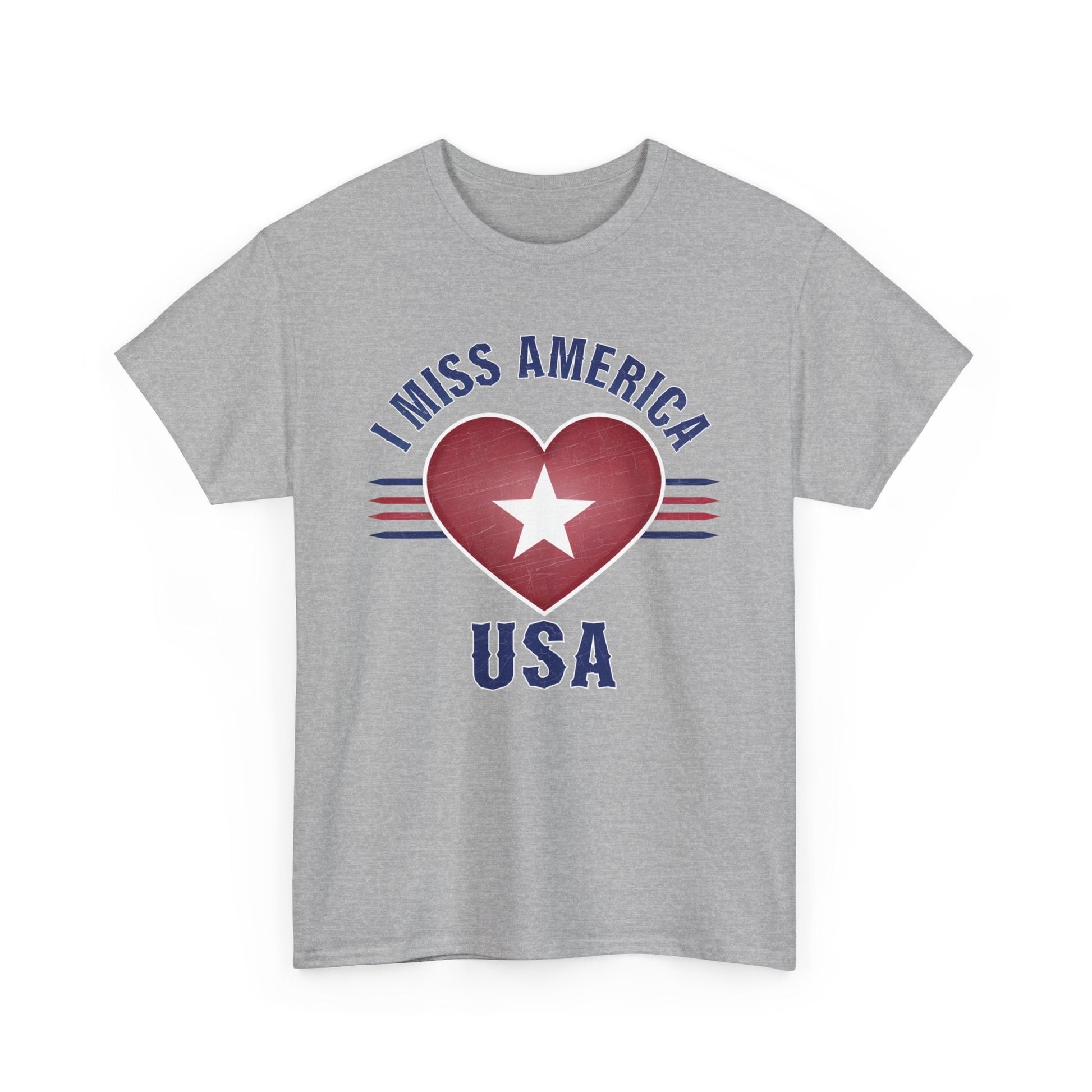 Heather military green "I Miss America" heart unisex heavy cotton T-shirt by Ralphie's Funhouse, front view showing design details.