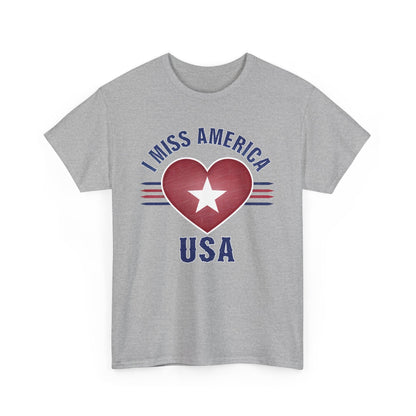 Heather military green "I Miss America" heart unisex heavy cotton T-shirt by Ralphie's Funhouse, front view showing design details.