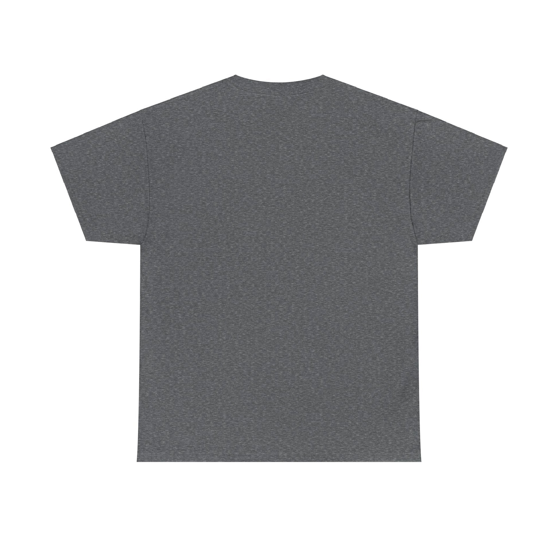 Heather military green "I Miss America" heart unisex heavy cotton T-shirt by Ralphie's Funhouse, showing front design and fit.