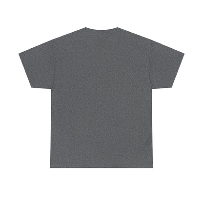 Heather military green "I Miss America" heart unisex heavy cotton T-shirt by Ralphie's Funhouse, showing front design and fit.