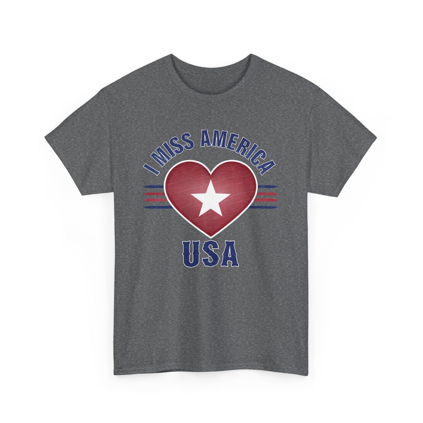 Heather military green unisex heavy cotton T-shirt featuring a heart design with "I Miss America" text by Ralphie's Funhouse.