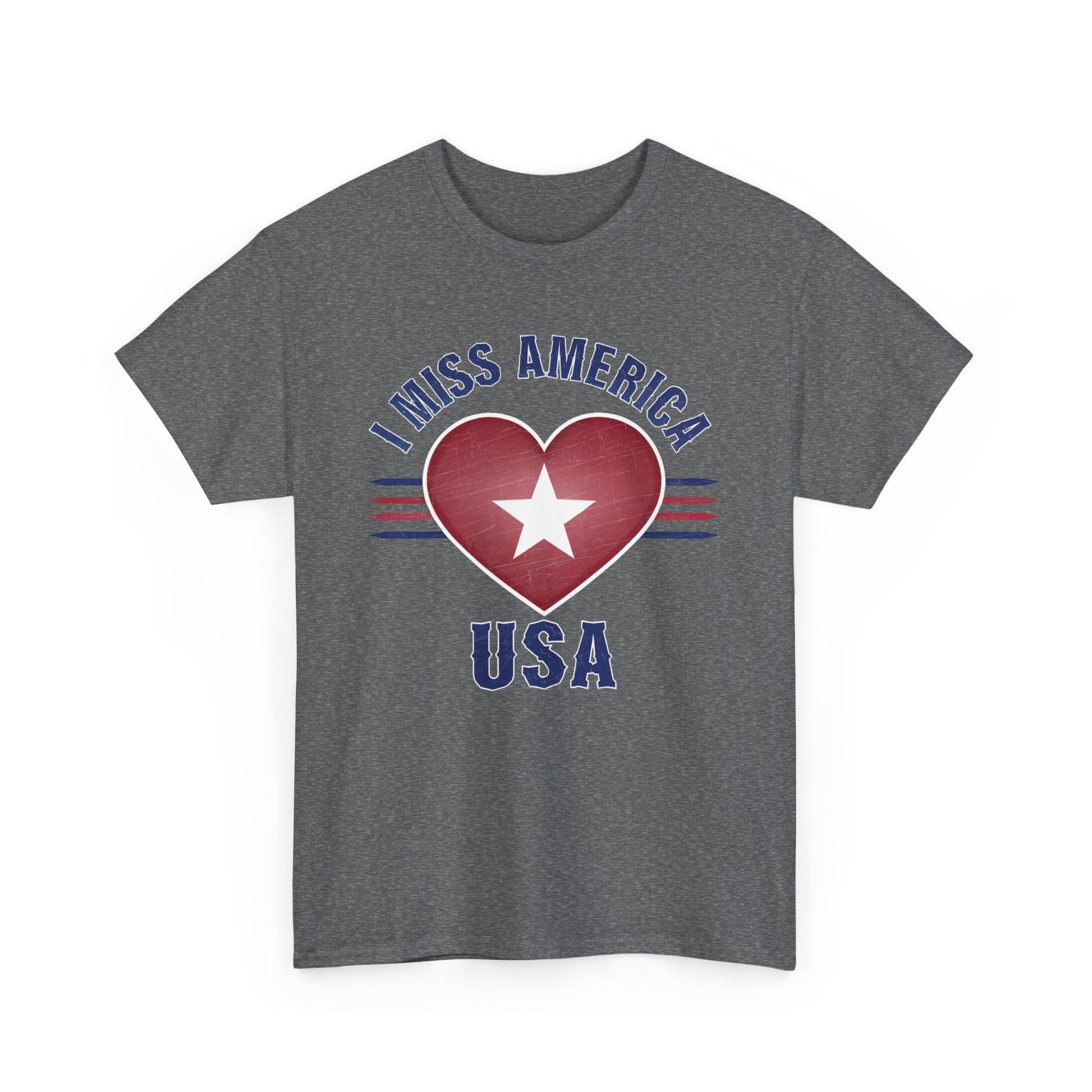 Heather military green unisex heavy cotton T-shirt featuring a heart design with "I Miss America" text by Ralphie's Funhouse.