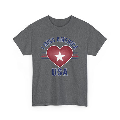 Heather military green unisex heavy cotton T-shirt featuring a heart design with "I Miss America" text by Ralphie's Funhouse.