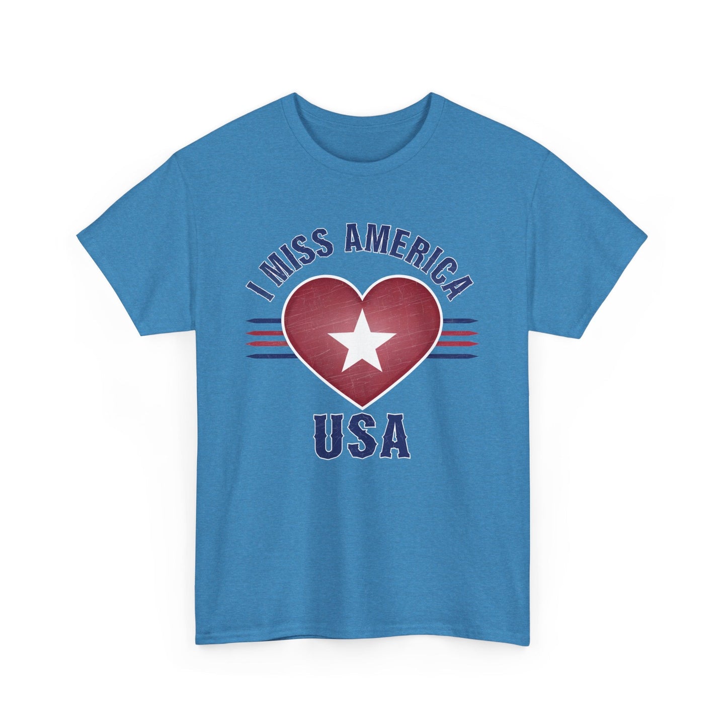 Heather military green unisex heavy cotton T-shirt featuring a heart design with "I Miss America" text by Ralphie's Funhouse.