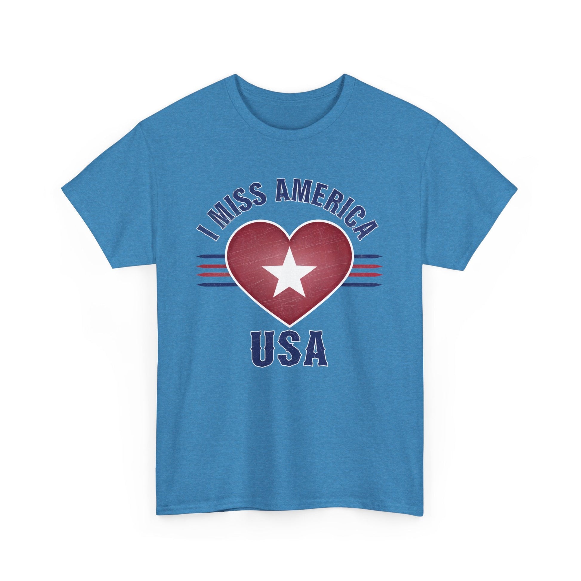 Heather military green unisex heavy cotton T-shirt featuring a heart design with "I Miss America" text by Ralphie's Funhouse.