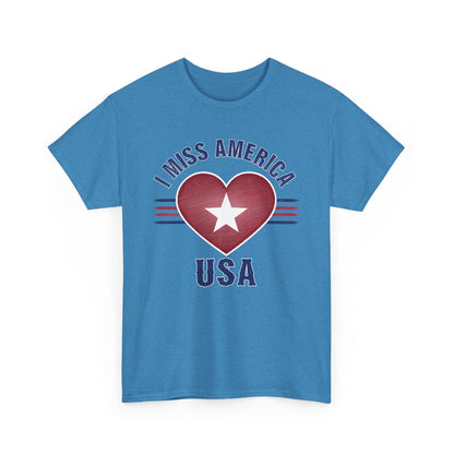 Heather military green unisex heavy cotton T-shirt featuring a heart design with "I Miss America" text by Ralphie's Funhouse.