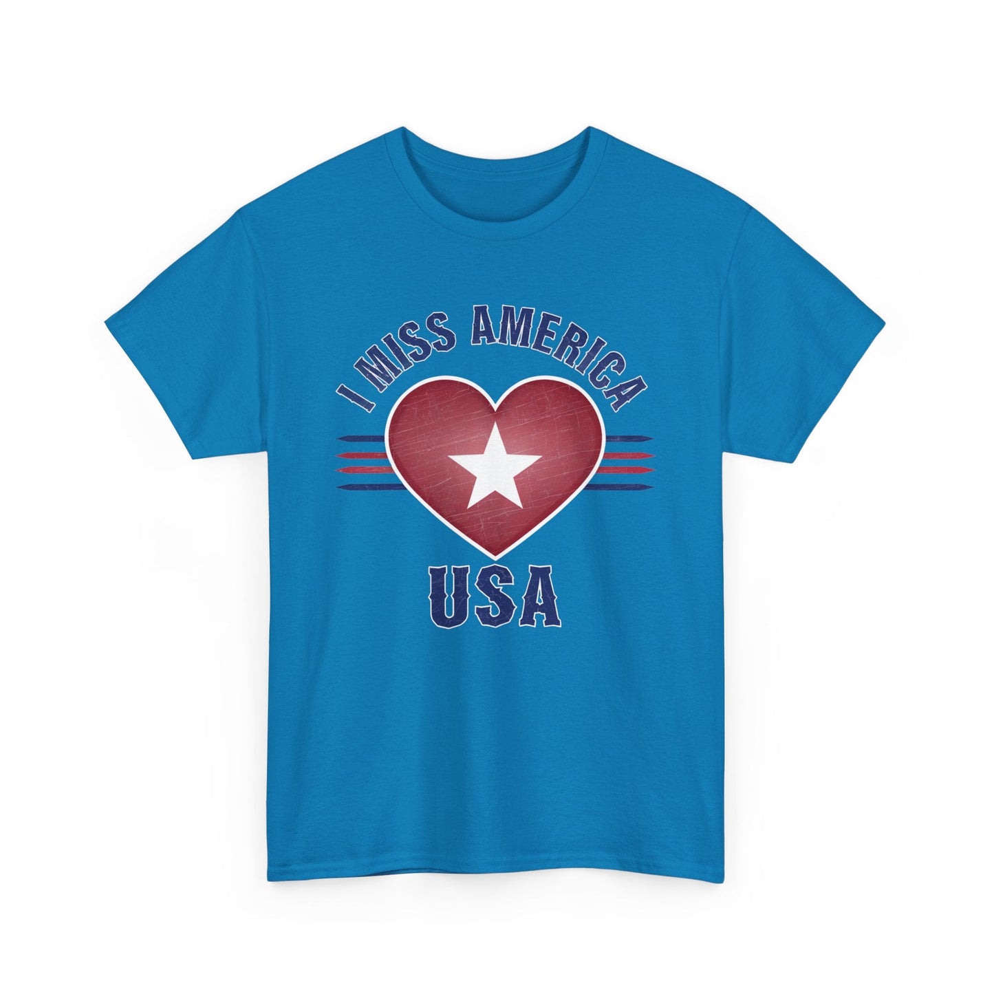 Heather military green unisex cotton T-shirt with "I Miss America" heart graphic by Ralphie's Funhouse.