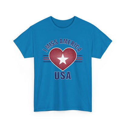 Heather military green unisex cotton T-shirt with "I Miss America" heart graphic by Ralphie's Funhouse.