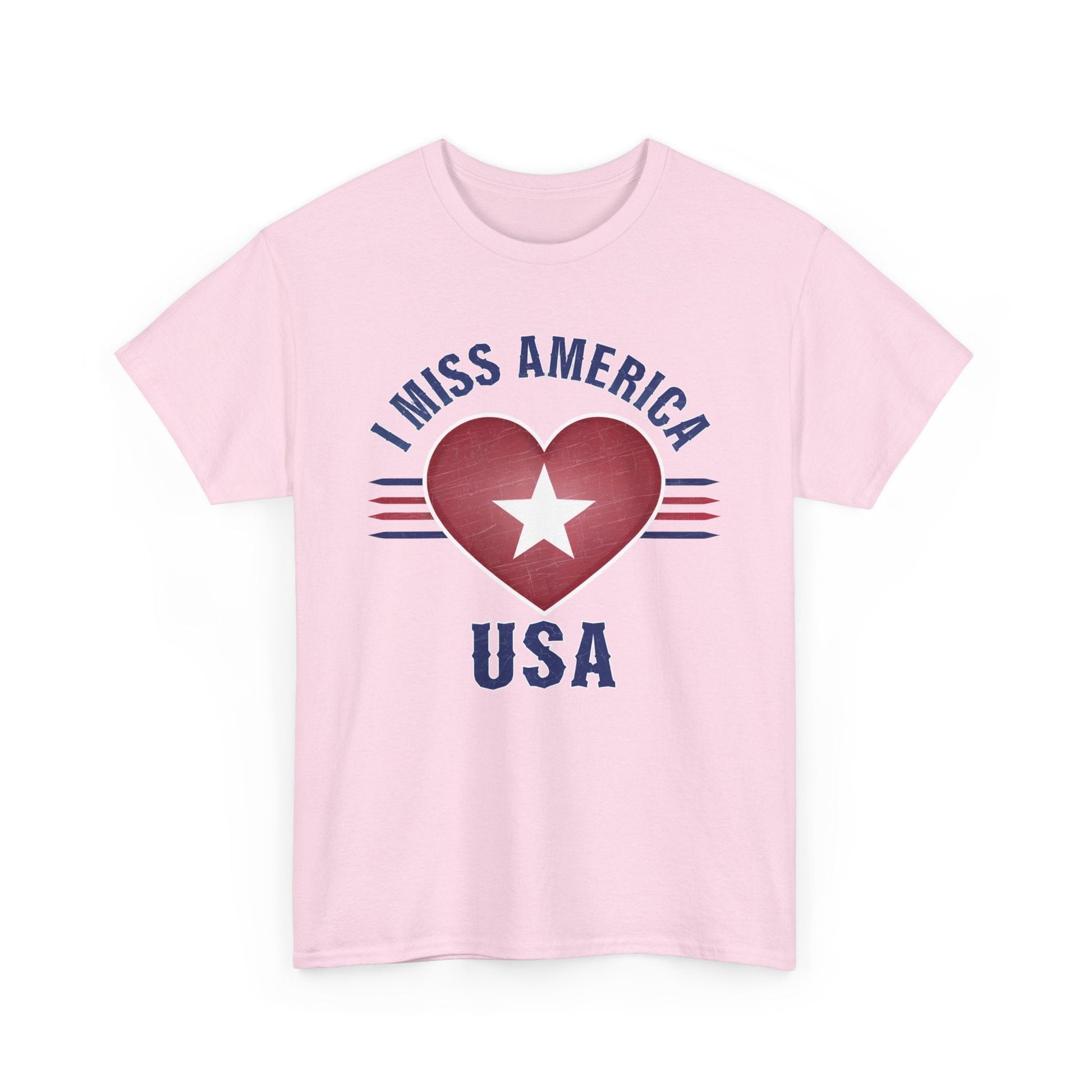 Unisex Heather Military Green T-shirt with "I Miss America" heart graphic by Ralphie's Funhouse. Heavy cotton fabric.