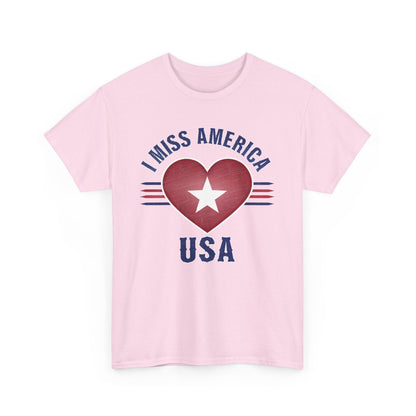 Unisex Heather Military Green T-shirt with "I Miss America" heart graphic by Ralphie's Funhouse. Heavy cotton fabric.