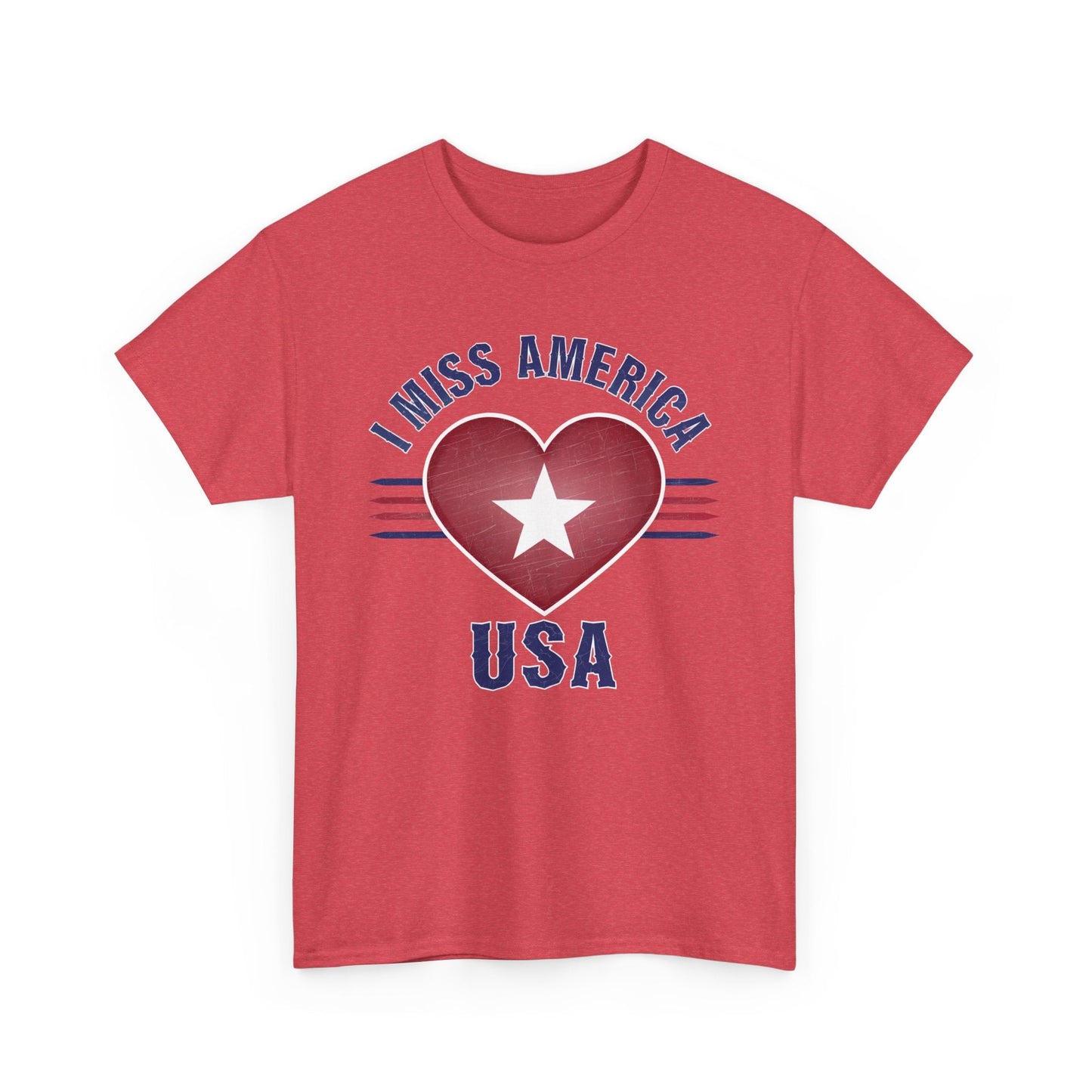 Unisex Heather Military Green T-Shirt from Ralphie's Funhouse featuring a heart graphic and "I Miss America" text.