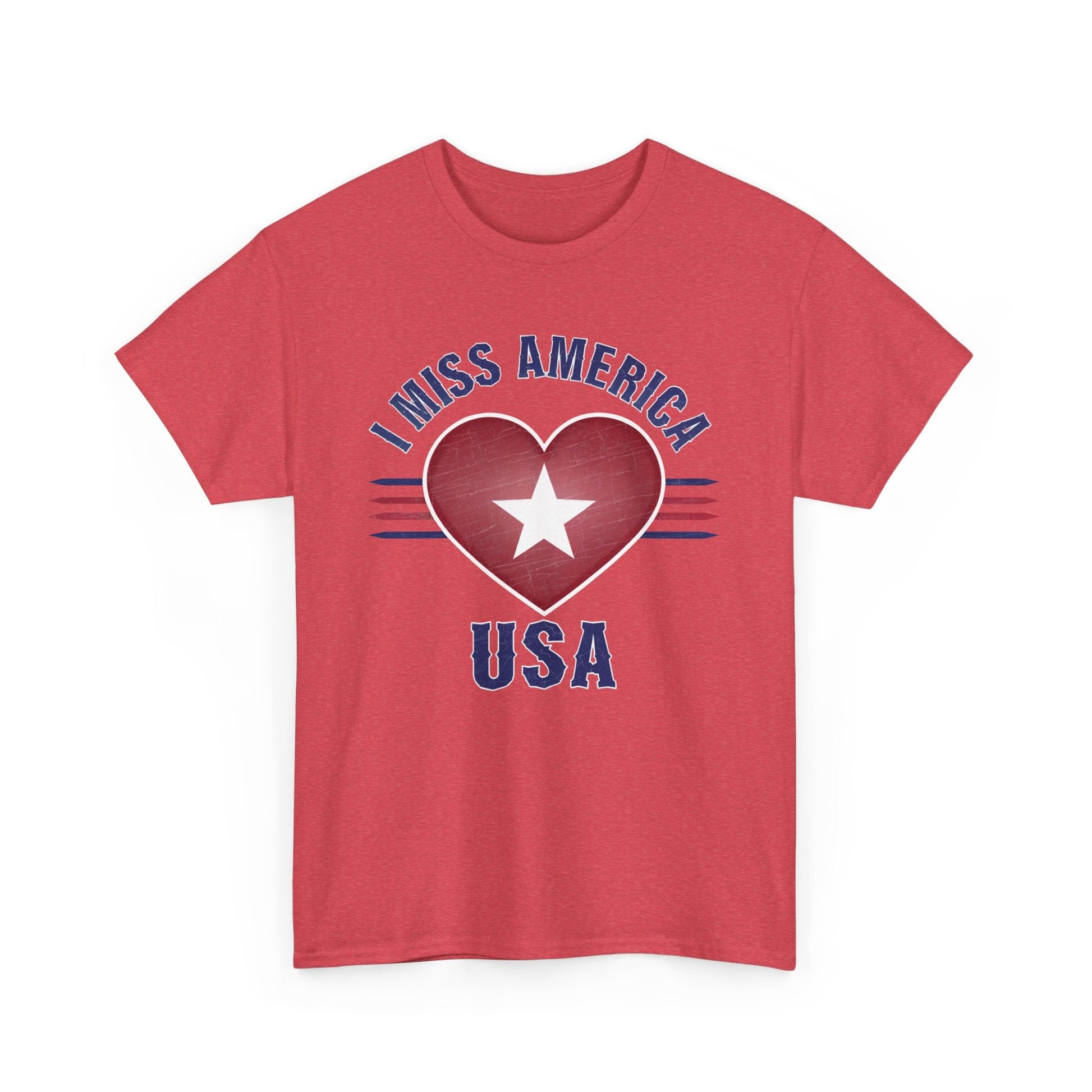Unisex Heather Military Green T-Shirt from Ralphie's Funhouse featuring a heart graphic and "I Miss America" text.