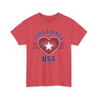 Unisex Heather Military Green T-Shirt from Ralphie's Funhouse featuring a heart graphic and "I Miss America" text.