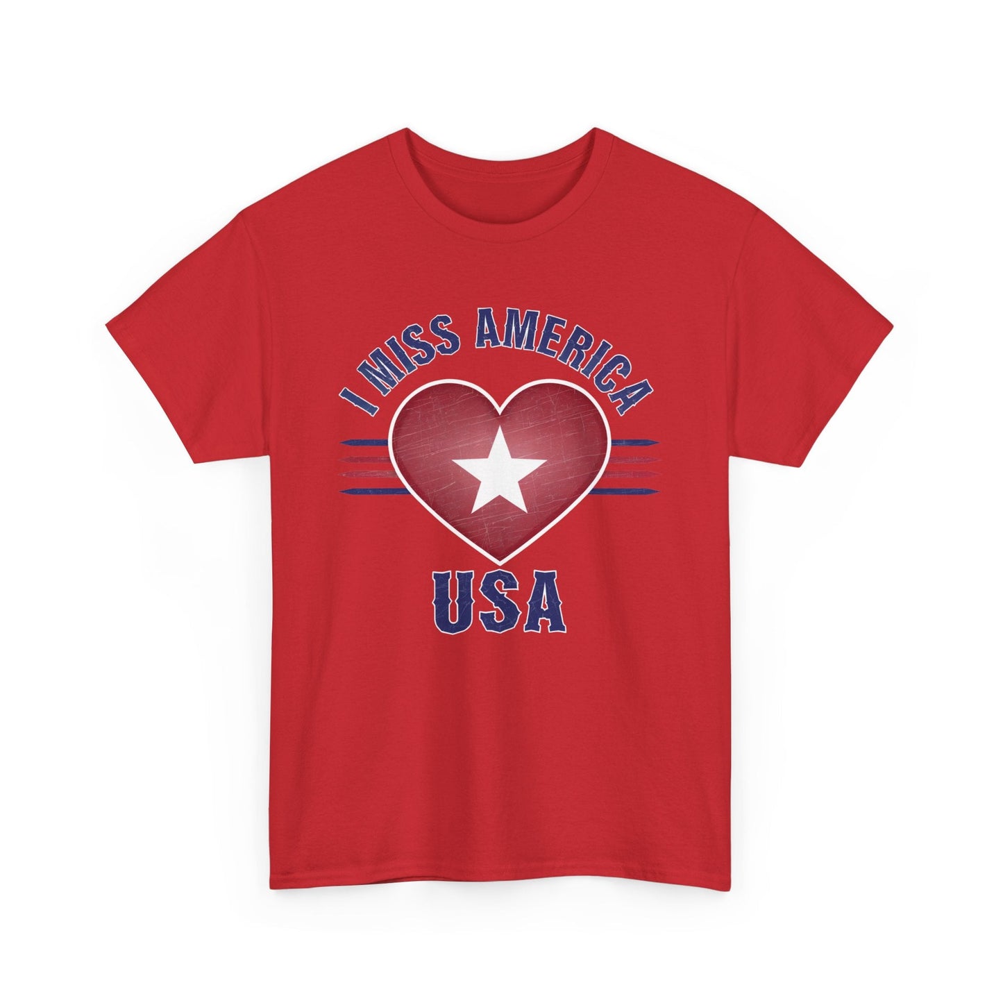 Heather military green "I Miss America" heart unisex heavy cotton T-shirt by Ralphie's Funhouse, front view showing design and fit.