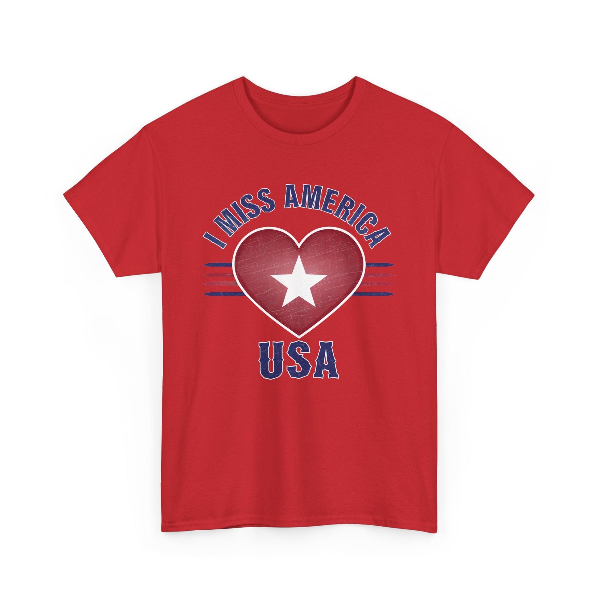Heather military green "I Miss America" heart unisex heavy cotton T-shirt by Ralphie's Funhouse, front view showing design and fit.