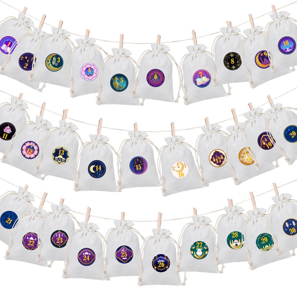 Ramadan 1–30 Countdown Calendar Gift Bag Set Drawstring Hanging Pouches (MAC385)