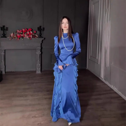 Regal Satin Court Dress Semi-Turtleneck Chiffon Lace-Up Maxi with Bell Sleeves & Tiered Ruffles (MA235)