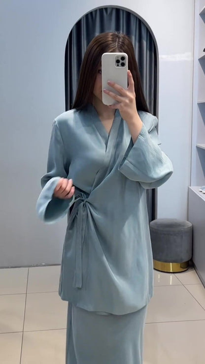 Relaxed Kimono Sleeve Sky Blue Glazed Forged Waist Pajama-Style Abaya Dress Set(MA209)