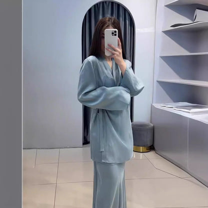 Relaxed Kimono Sleeve Sky Blue Glazed Forged Waist Pajama-Style Abaya Dress Set(MA209)