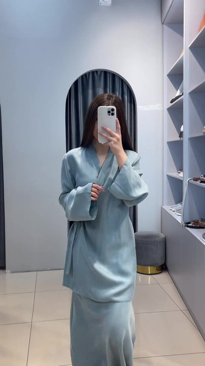 Relaxed Kimono Sleeve Sky Blue Glazed Forged Waist Pajama-Style Abaya Dress Set(MA209)