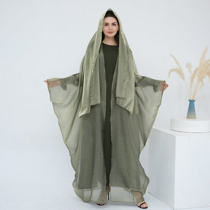 Rhinestone Ice Crinkle Batwing Sleeve Abaya Set(MOA237)