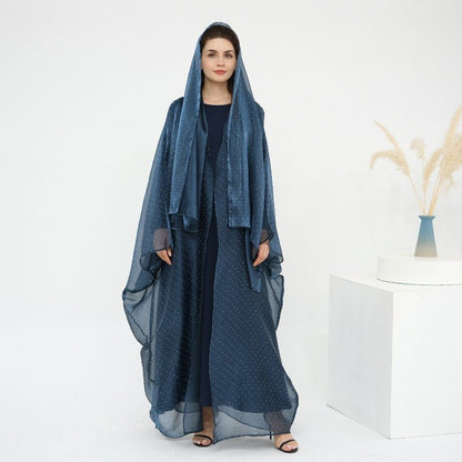 Rhinestone Ice Crinkle Batwing Sleeve Abaya Set(MOA237)