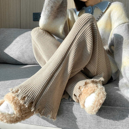 Ribbed Knit Frayed Wide Leg Pants | High Waist Drawstring Flare Pants(MS164)