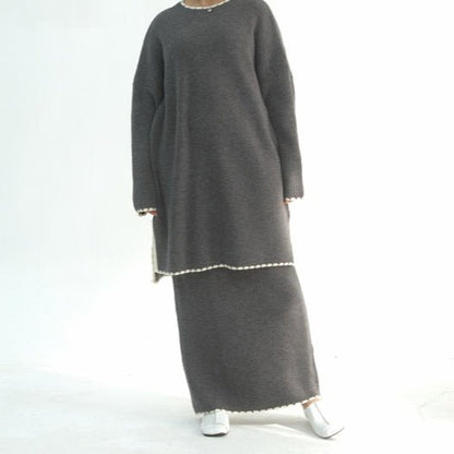Ribbed Knit Sweater & Skirt Set with Contrast Trim (MS301)