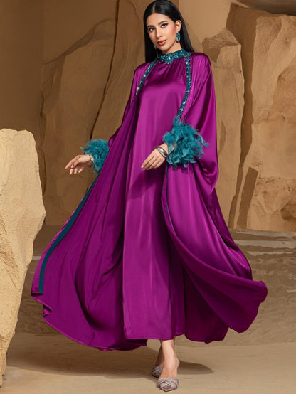 Rose Purple Luxury Feather-Embellished Abaya Dress Two-Piece Set with Crystal & Bead Details (MOA159)