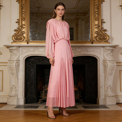 Round Neck Ruched Bodice Lantern Sleeve Floor-Length Dress(MS402)