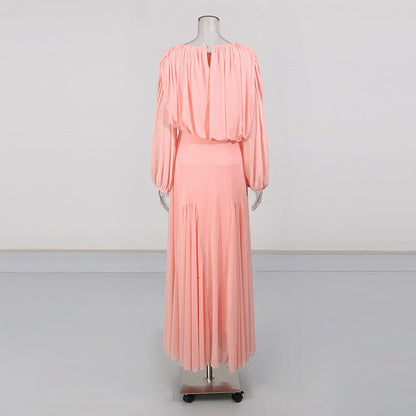 Round Neck Ruched Bodice Lantern Sleeve Floor-Length Dress(MS402)